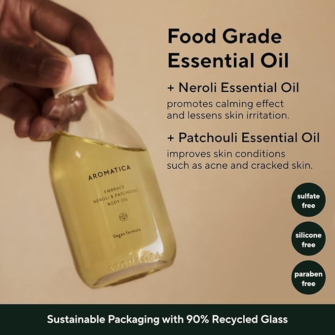 AROMATICA Embrace Body Oil Patchouli & Neroli Essential Oil, Aromatherapy Oils, Scented Body Oil, After Shower Body Oil for Women, Non-Greasy Body Serum, Body Moisturizer for Dry Skin 3.38 fl. oz