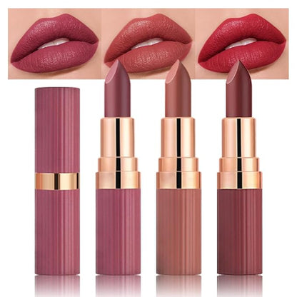 evpct 3Pcs Matte Creamy Lipsticks Set, Maroon Wine Coral Ruby Red Lip Stick Set for Women, Long Lasting Waterproof Velvet Lipsticks Blendable Silky, Longwear Lip Makeup Set 24 hours original labios 02