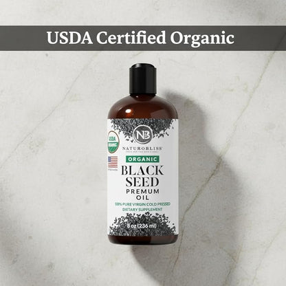 NaturoBliss Organic Black Seed Oil 100 Virgin Cold Pressed Omega 3 6 9 Super Antioxidant for Immune Support, Joints, Mobility, Digestion, Hair Skin Vegan, Gluten-Free, Non-GMO USDA Certified 8oz