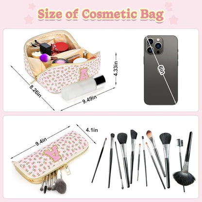 Personalized Travel Makeup Bag Set,Initial Travel Cute Floral Makeup Organizer Bag,Toiletry Skincare Cosmetic Bag,Christmas Gifts for Women/Girls,Open Flat Toiletry Pouch with Brush Pocket-H