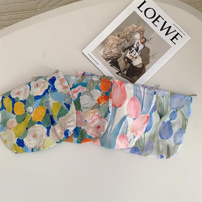 PAZIMIIK Floral Makeup Bag Large Cotton Zipper Pouch for Purse Travel Canvas Make Up Organizer for Women Cosmetic,Garden Orange