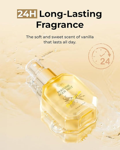 BOM Chiffon Vanilla Body Mist 3.71 Fl Oz, Vanilla Scented Fine Mist with Hyaluronic Acid, Niacinamide & Vitamin C, Hydrating, Lightweight, Long Lasting Fragrance, Korean Skincare