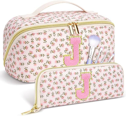 Personalized Travel Makeup Bag Set,Initial Travel Cute Floral Makeup Organizer Bag,Toiletry Skincare Cosmetic Bag,Christmas Gifts for Women/Girls,Open Flat Toiletry Pouch with Brush Pocket-J