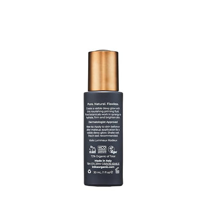 INIKA Organic Radiant Glow | Illuminate & Prime. Dewy, radiant Finish. Beautifying Primer, Nourishing Moisturiser, Finishing Highlighter. 100% Natural, 72% Organic Ingredients. Alcohol Free. 30mL
