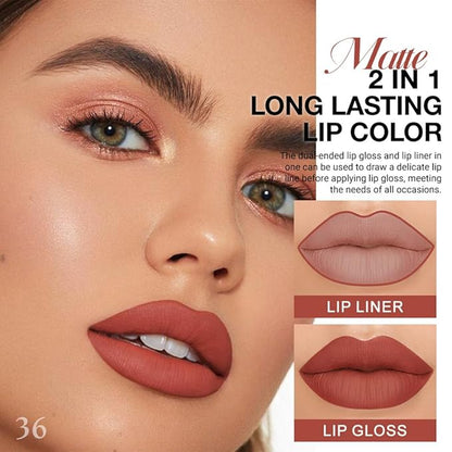 evpct 1Pcs Reddish Brown Matte Lip Liner and Liquid Lipstick Stain Makeup Set for Women, Cranberry Red Long Lasting Smudge Proof Lipstick labiales matte mate larga duracion listip 24 hours originales