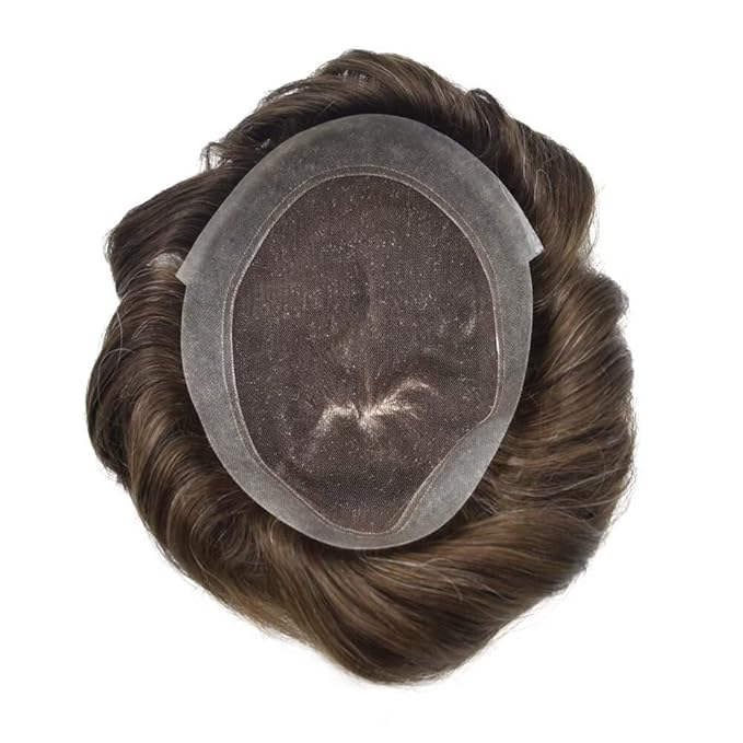 FACE MIRACLE Hair System for Men French Lace Mens Toupee Human Hair Replacement System Lace with PU Toupee for Men Male Hair Piece Wigs 6"X8" #210 Darkest Brown with 10% Gray