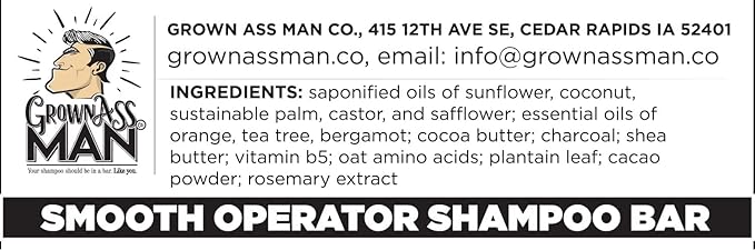 Grown Ass Man Co. - Solid Shampoo Bar Rich Lather 3 in 1: Hair, Beard & Body Wash - Plastic Free & Eco-Friendly, Natural & Organic Clean for All Hair Types, 4oz Bar (Smooth Operator, 3-Pack)