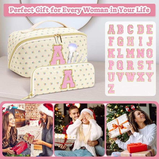 Personalized Travel Makeup Bag Set,Initial Travel Cute Floral Makeup Organizer Bag,Toiletry Skincare Cosmetic Bag,Christmas Gifts for Women/Girls,Open Flat Toiletry Pouch with Brush Pocket-P