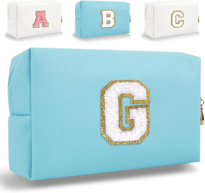 Small Personalized Letter Makeup Bag, Cute PU Leather Chenille Letters Cosmetic Bag Travel Makeup Pouch, Preppy Travel Organizer Zipper Pouch for Women&Girls（Blue-G）