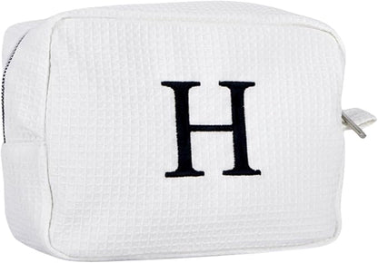 Personalized White Waffle Makeup Bag,Custom Embroidered Initial Cosmetic Pouch for Women,Monogrammed Cosmetic Case,Bridesmaid Gifts (H)