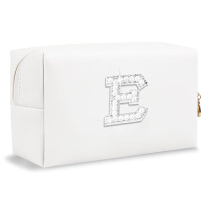 Bride Gifts – Personalized Initial Makeup Bag with Pearl Rhinestone Patch, Preppy White Monogram Cosmetic/Toiletry Pouch, bridesmaid Gifts, Bridal Shower Gifts, Wedding Gifts, Bridal Gifts,E
