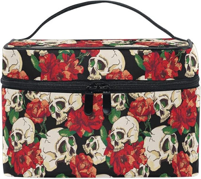 Skull Goth Makeup Bag, Gothic Skull and Flower Travel Makeup Organizer Bags Toiletry Bag Box Travel Cosmetic Bag Make Up Train Case for Women Teen Girl Ladies