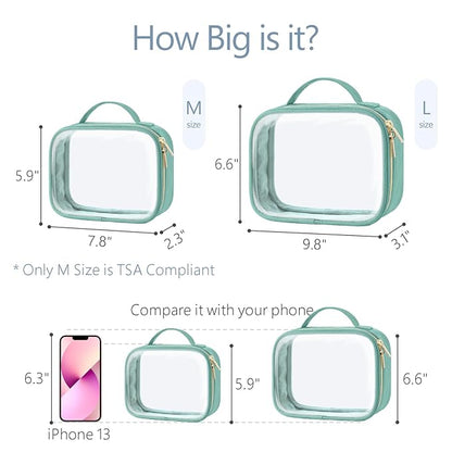 PACKISM TSA Approved Toiletry Bag, 2 Pack Clear Makeup Bags with Handle Large Opening, Clear Toiletry Bags Fit Carry-on Travel Essential, Travel Bags for Toiletries, Turquoise Green