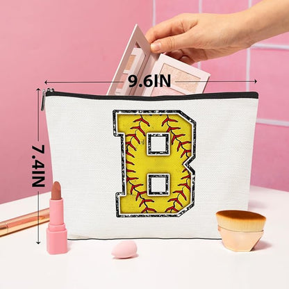 Softball Gifts Initial Monogrammed Cosmetic Bag Letter B Zipper Pouch for Girls Women Softball Player Coach Wife Graduation Birthday Gifts