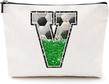 Soccer Gifts Initial Makeup Bag Monogrammed Cosmetic Bag Letter V Zipper Pouch Soccer Accessories for Girls Women Soccer Player Coach Friend Soccer Stuff Graduation Birthday Gifts
