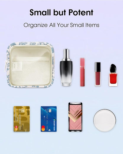 Wandering Nature Clear Makeup Bag for Purse Mini Make up Bag Cute Cosmetic Pouch for Women with Slip-in Pockets Travel Toiletry Essentials Organizer Pouch,Blue Flower