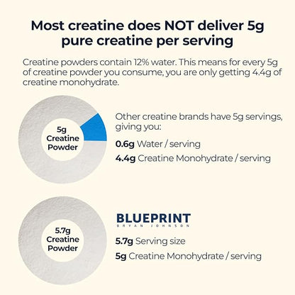 Blueprint Bryan Johnson Creatine Monohydrate Powder – Amino Acid Powder - Suppliment Supports Muscle Growth, Recovery, Strength & Focus – Unflavored Creatine for Women & Men – 5g Dose – 100 Servings
