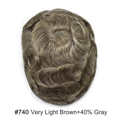 FACE MIRACLE Mens Toupee Lace Front Hairpieces Soft Human Hair Replacement System Toupee for Men French Lace Poly V-Looped Mens hair Units 6"X9" #740 7# VERY LIGHT BROWN WITH 40% SYNTHETIC GREY