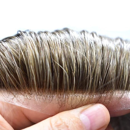 Mens Toupee Human Hair Piece French Lace Toupee for Man Hair System Indian Human Hair Replacement Systems V-Looped PU Front Hairpieces 7"X9" #1710 Dark Ash Blonde with 10% Gray