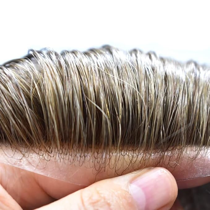 FACE MIRACLE Mens Toupee Lace Front Hairpieces Soft Human Hair Replacement System Natural Hairline Toupee for Men French Lace Poly V-Looped Mens hair Units 7"X9" #1720 Dark Ash Blonde with 20% Gray