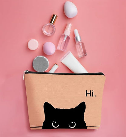 Cat Makeup Bag, Cute Makeup Bag, Cat Gifts for Cat Lovers Women, Black Cat Gifts, Hi Black Cat Kitty Cosmetic Bag, Cat Makeup Pouch, Cat Stuff for Cat Lovers (Camel-2)