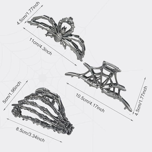 3 Pieces Large Metal Spider Net Hand Hair Claw Clips for Women and Girls Thick Long Hair, Nonslip Skeleton Spooky Barrette Headband Hair Styling Accessories for Halloween Christmas Gifts