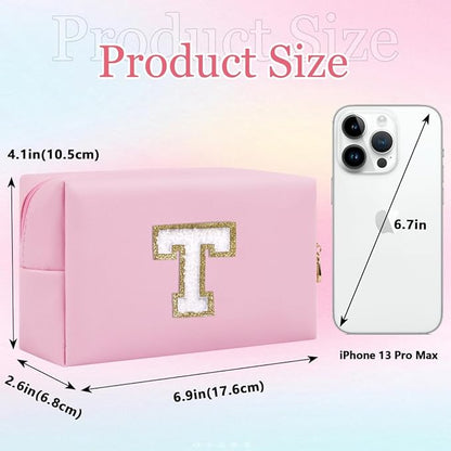 Small Personalized Letter Makeup Bag, Cute PU Leather Chenille Letters Cosmetic Bag Travel Makeup Pouch, Preppy Travel Organizer Zipper Pouch for Women&Girls（Pink-T）
