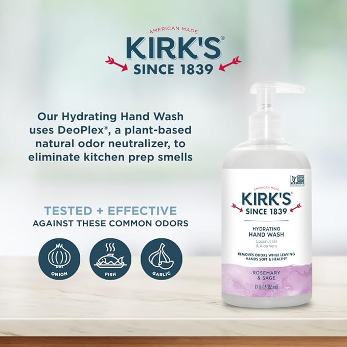 Kirk's Hydrating Hand Wash - Made with Coconut Oil and Aloe Vera, With Odor Neutralizing Technology To Help Eliminate Odors, Non-GMO, Vegan, Rosemary & Sage, 12 Fl Oz. 4 pack