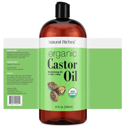 Natural Riches Organic Castor Oil - Cold Pressed, USDA Certified for Dry Skin, Hair Loss, Dandruff, Hair Growth, and Thicker Eyelashes & Eyebrows - 32 fl. oz.