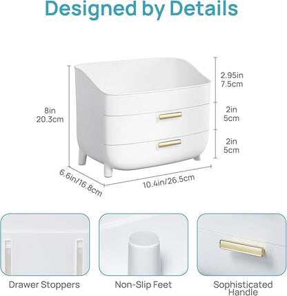 Vtopmart 3-Tier Skincare Makeup Organizer with Drawers for Vanity and Bathroom Countertop, Large Cosmetic Storage Box Case for Dresser, with Non-Slip Base