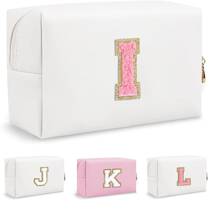 Personalized Small Travel Preppy Makeup Bag, Initial Cute Chenille Letter Cosmetic Organizer Toiletry Pouch, Waterproof Portable PU Monogram Make Up Case Preppy Stuff for Women Friends(Letter I)