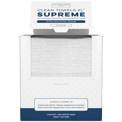Clean Skin Club Clean Towels XL® Supreme, 100% USDA Biobased Face Towel, Disposable Face Towelette, Eczema Association Accepted, Thicker Textured Makeup Remover Dry Wipes, 1 Pack, 50 Ct