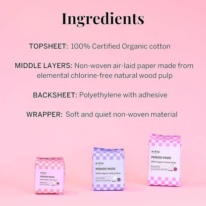 Pixie Organic Cotton Pads for Women - Ultra Thin with Wings, Leak-Proof & Moisture-Wicking for Feminine Care - Compostable, Unscented Menstrual Pads - Regular Absorbency - 12 Count