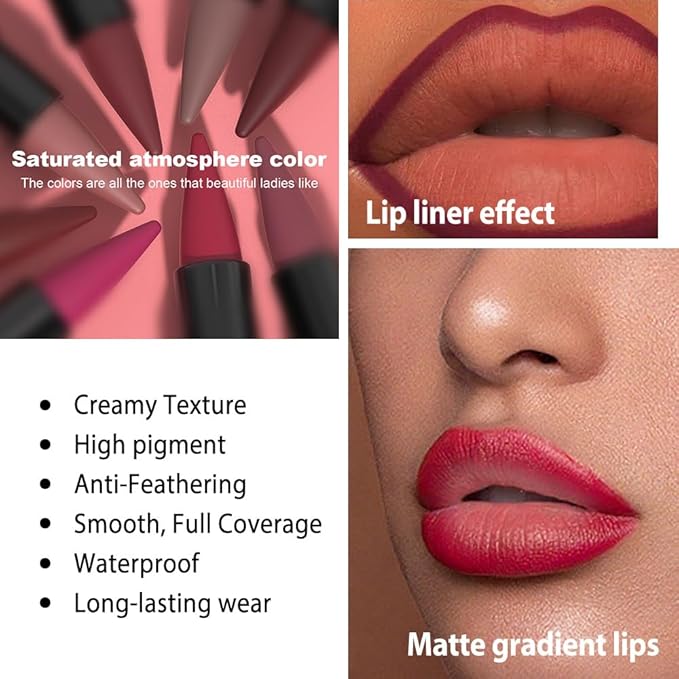 3Pcs Gradient Matte Lipstick Crayon Lip Liner pencil,Crayon Form and Cone Tip 2-in-1 Lip Liner and Lipstick Lip Combo Set Achieve Flawless Contour Gradual Ombre Effect lip Pencil for Old Women