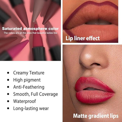 3Pcs Gradient Matte Lipstick Crayon Lip Liner pencil,Crayon Form and Cone Tip 2-in-1 Lip Liner and Lipstick Lip Combo Set Achieve Flawless Contour Gradual Ombre Effect lip Pencil for Old Women