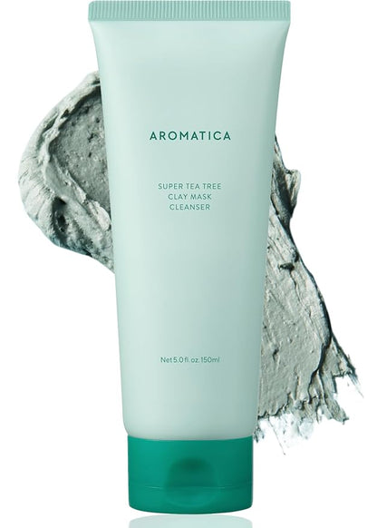 AROMATICA Super Tea Tree Clay Mask Cleanser, Blackhead Remover & Pore Minimizer for Face, Korean Face Wash with Tea Tree Oil, 2 In 1 Acne Skin Care Clay Mask & Cleanser, Oil control (5.0 fl oz)