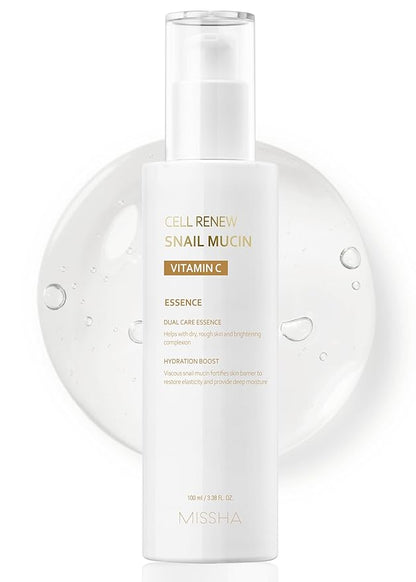 MISSHA Cell Renew Snail Mucin Vitamin C Essence Serum 3.38 Fl oz - Hydrating Korean Skincare for Glass Skin, Snail Mucin Serum for Improved Skin Texture & Complexion