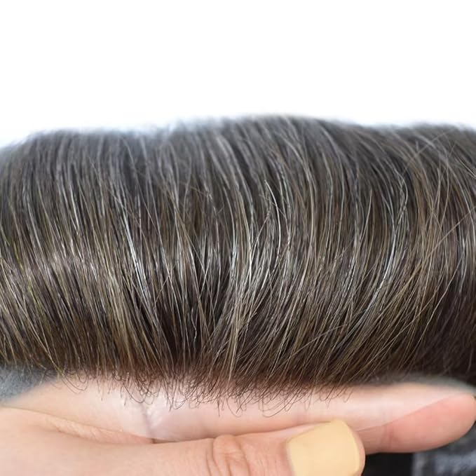 Toupee for Men French Lace Center Hairpieces Human Hair Replacement Systems Lace & Thin Skin Hair Piece Mens Toupee Hair Units for Man 8"X10" #320 3# DARK BROWN WITH 20% SYNTHETIC GREY