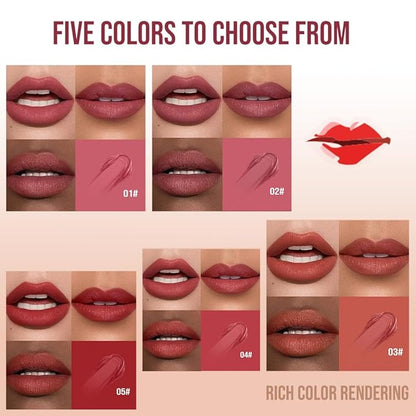 Matte Lip Stain – High Pigment Non-Transfer Matte Liquid Lipstick, Long-Lasting Waterproof Smudge-Proof Lip Color, Lightweight Comfortable Velvet Finish Lip Tint 02#（5PCS）