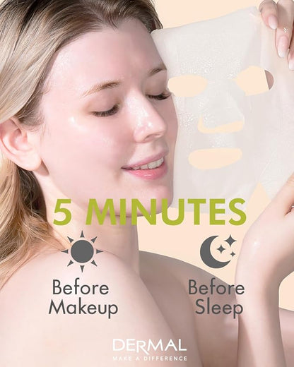 DERMAL Bamboo Collagen Essence Facial Mask Sheet 23g Pack of 10 - Hydrating & Calming, For Dewy and Glowing Skin, Daily Skin Treatment Solution Sheet Mask