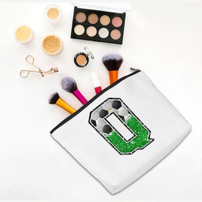Soccer Gifts Initial Makeup Bag Monogrammed Cosmetic Bag Letter Q Zipper Pouch Soccer Accessories for Girls Women Player Coach Friend Stuff Graduation Birthday Gifts