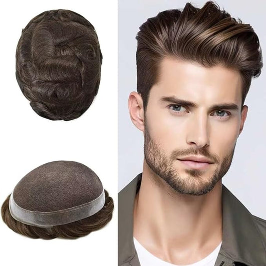 FACE MIRACLE Lace Front Mens Toupee Human Hair System Swiss Lace Center Toupee for Men Thin Skin PU Around Hair Replacement System V-Looped Mens Hair Wig Units 6"X8" 5#MEDIUM LIGHT BROWN
