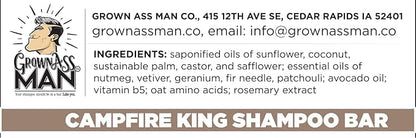 Grown Ass Man Co. - Solid Shampoo Bar Rich Lather 3 in 1: Hair, Beard & Body Wash - Plastic Free & Eco-Friendly, Natural & Organic Clean for All Hair Types, 4oz Bar (Campfire King, Single)