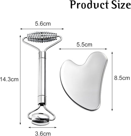 Gua Sha & Face Roller, Stainless Steel Gua Sha Facial Tools for Face, Eyes,Chin & Jawline Sculpting,Body Gua Sha Tools with Pouch