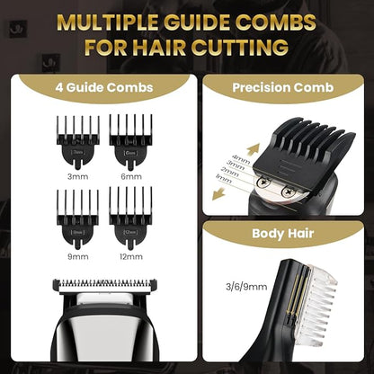 PRITECH Beard Trimmer for Men,6 in 1 Hair Clippers Kit, Precision Cordless Grooming Kit Waterproof IPX6 for Beard, Hair, Body, Nose, Ear, with Foil Razor (Silver)