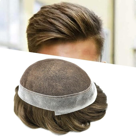 Mens Toupee Human Hair Piece French Lace Toupee for Man Hair System Indian Human Hair Replacement Systems V-Looped PU Front Hairpieces 7"X9" 6# LIGHT BROWN