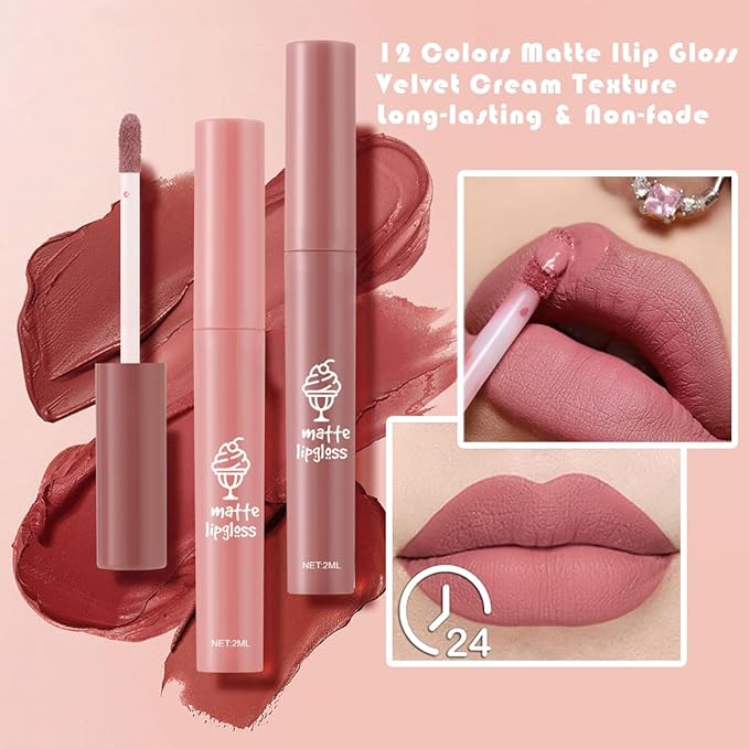 3Pcs Nude Matte Lipstick Set, Ice Cream Velvet Smooth Matte Lip Gloss, 24 Hour Natural Long Lasting & Nourishing Lip Glaze Non-stick Cup for Women Makeup (Set D)