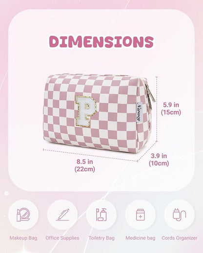 Narwey Birthday Gifts for Teen Girls Kids Women Personalized Initial Checkered Makeup Bag Pink Monogram Cosmetic Bag Trendy Stuff 6 8 10 11 12 13 14 16 18 Years Old Travel Toiletry Bag (Dusty Rose P)
