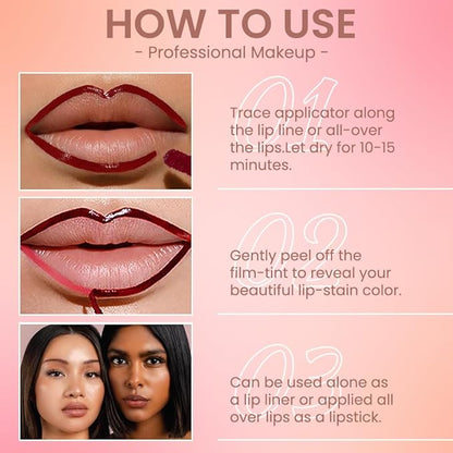 2Pcs Delicate Pink & Pinkish Red Liquid Matte Lip Liner Stain Peel Off with Tweezer, Long Lasting Waterproof Matte Lipstick Lip Gloss Tattoo for Women, Transfer-prof Lip Tint Makeup for All Skin Types