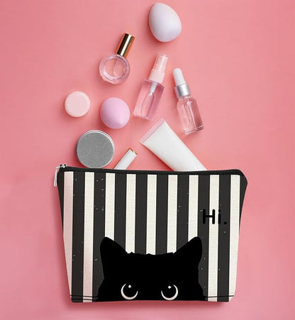 Striped Cat Makeup Bag - Small Cute Cosmetic Bag for Women & Teen Girls - Black Cat Purse Gift for Cat Lovers & Owners
